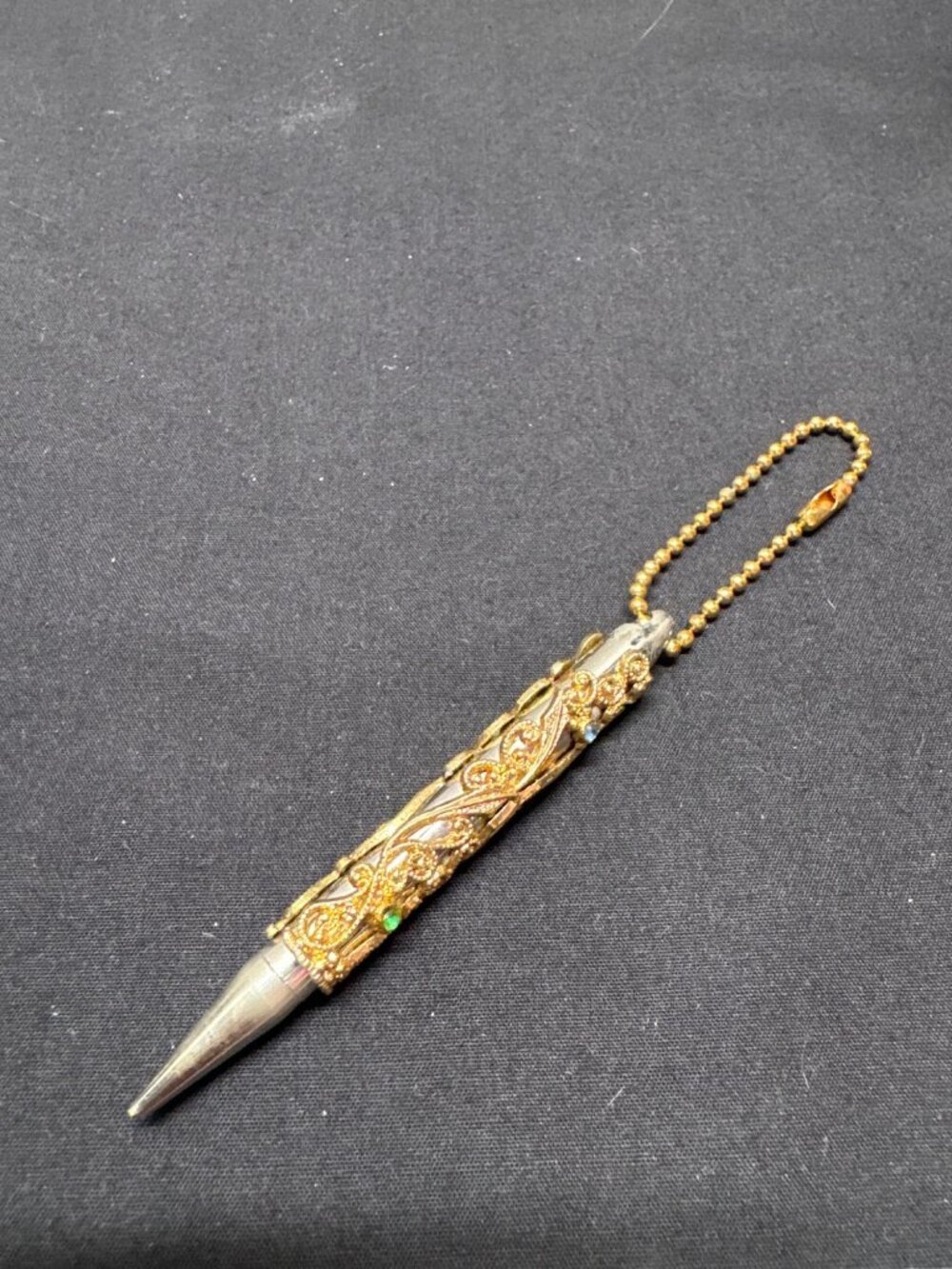 Vintage Ornate Gold-Tone Ballpoint Pen With Jeweled Design & Chain Loop Refillab